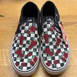 Vans Black and White Checkered Sneakers with Red Roses